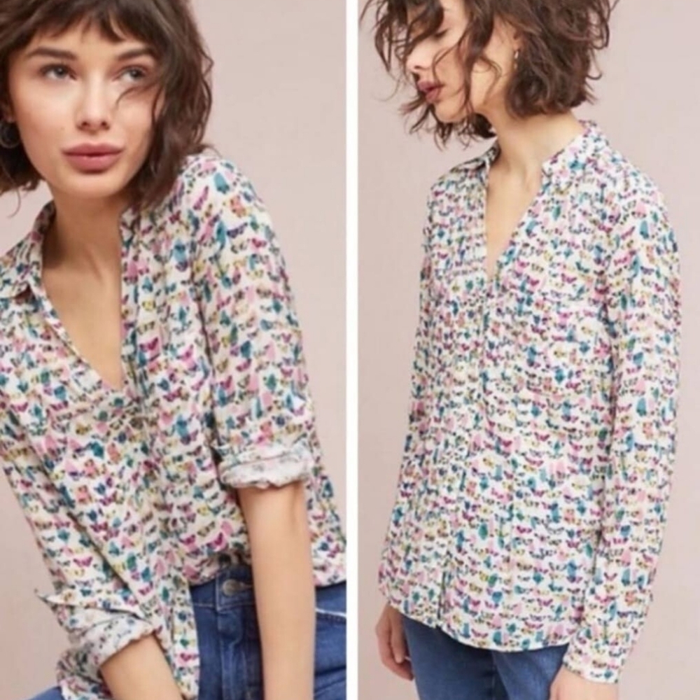 Anthropologie Maeve Rochelle Butterfly Print Buttondown Top Size 12